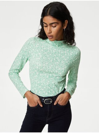 Světle zelené dámské květované tričko se stojáčkem Marks & Spencer 