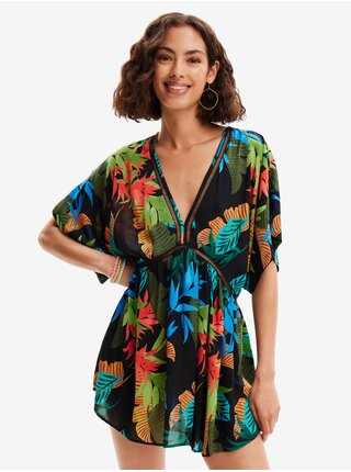 Čierne dámske kvetované plážové šaty Desigual Top Tropical Party