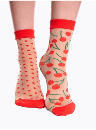 Červené dámske veselé silonkové ponožky Dedoles Čerešne a bodky