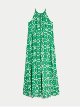 Bílo-zelené dámské vzorované maxi šaty s příměsí lnu Marks & Spencer    