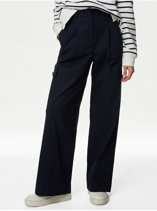 Tmavomodré dámske široké nohavice s vysokým pásom Marks & Spencer