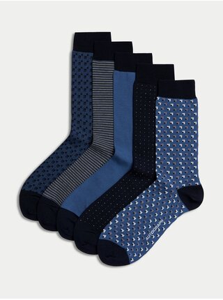 Sada pěti párů pánských ponožek v modré, černé a tmavě modré barvě Marks & Spencer Pima 