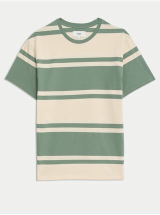 Zeleno-krémové pánske pruhované tričko Marks & Spencer