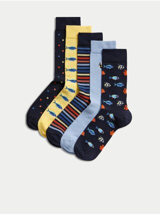 Súprava piatich párov pánskych vzorovaných ponožiek v modrej a žltej farbe Marks & Spencer Cool & Fresh™