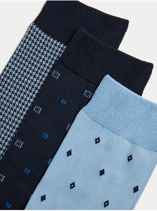 Súprava troch párov pánskych vzorovaných ponožiek v modrej farbe Marks & Spencer