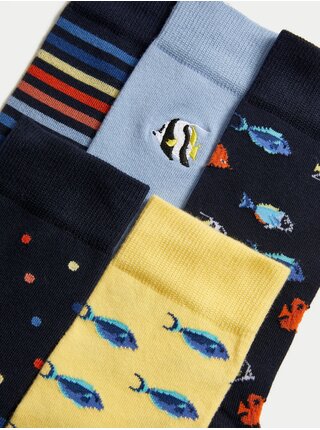 Súprava piatich párov pánskych vzorovaných ponožiek v modrej a žltej farbe Marks & Spencer Cool & Fresh™