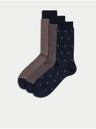 Súprava troch párov pánskych vzorovaných ponožiek v čiernej a staroružovej farbe Marks & Spencer