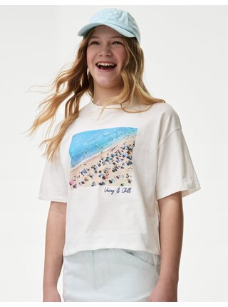 Krémové holčičí tričko z čisté bavlny Marks & Spencer