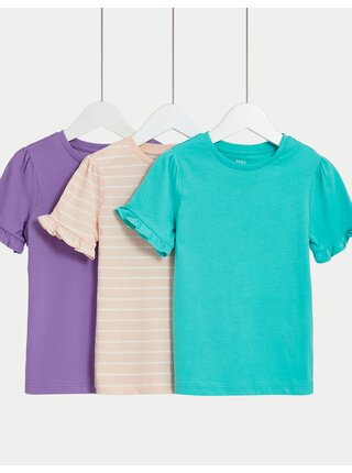 Sada tŕí holčičích triček s volánky v tyrkysové, růžové a fialové barvě Marks & Spencer 