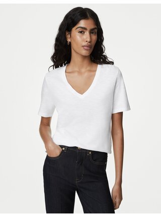 Bílé dámské basic tričko s véčkovým výstřihem Marks & Spencer 
