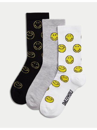 Sada tří párů dětských ponožek v bílé, šedé a černé barvě s motivem Marks & Spencer SmileyWorld® 