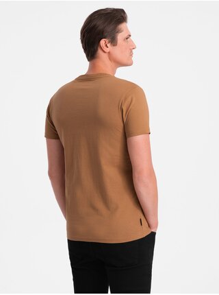 Hnědé pánské basic tričko s véčkovým výstřihem Ombre Clothing