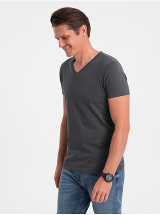 Tmavě šedé pánské basic tričko s véčkovým výstřihem Ombre Clothing
