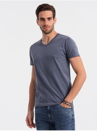 Šedomodré pánské basic tričko s véčkovým výstřihem Ombre Clothing