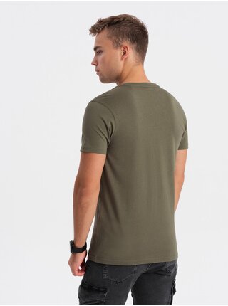 Khaki pánské basic tričko s véčkovým výstřihem Ombre Clothing
