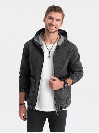 Černá pánská džínová bunda s kapucí Ombre Clothing