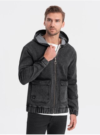Černá pánská džínová bunda s kapucí Ombre Clothing