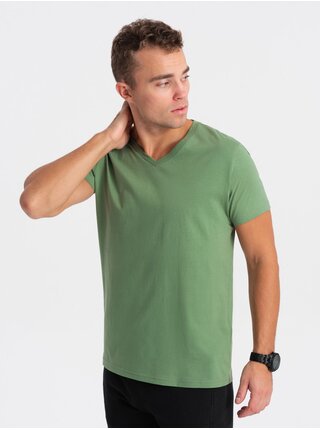 Zelené pánské basic tričko s véčkovým výstřihem Ombre Clothing