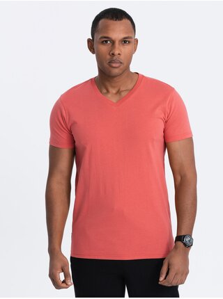Koralové pánske basic tričko s véčkovým výstrihom Ombre Clothing