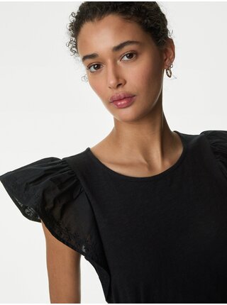 Čierny dámsky vyšívaný top z čistej bavlny s anjelskými rukávmi Marks & Spencer