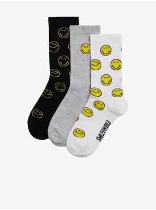 Sada tří párů dětských ponožek v bílé, šedé a černé barvě s motivem Marks & Spencer SmileyWorld® 