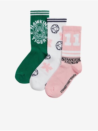 Sada troch párov dievčenských ponožiek v ružovej, bielej a zelenej farbe s motívom Marks & Spencer Stranger Things™