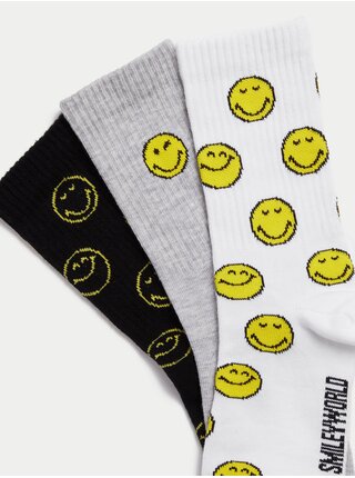 Sada troch párov detských ponožiek v bielej, sivej a čiernej farbe s motívom Marks & Spencer SmileyWorld®