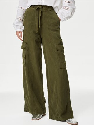 Tmavě zelené dámské široké kalhoty Marks & Spencer   
