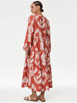 Bílo-červené dámské vzorované šaty s příměsí lnu Marks & Spencer   
