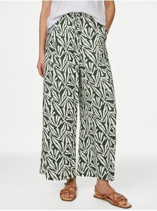 Krémovo-zelené dámské široké zkrácené kalhoty s potiskem Marks & Spencer 
