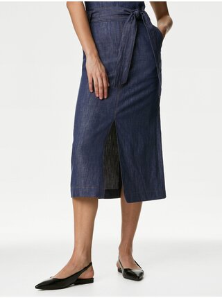 Tmavomodrá dámska rifľová midi sukňa s opaskom Marks & Spencer
