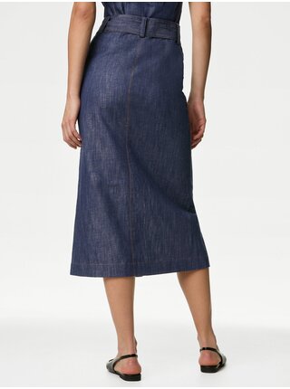 Tmavomodrá dámska rifľová midi sukňa s opaskom Marks & Spencer