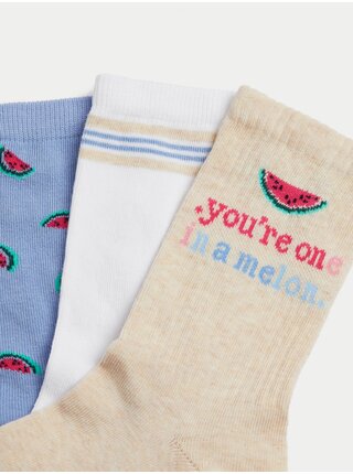 Sada tří párů dámských ponožek v béžové, bílé a modré barvě Marks & Spencer  