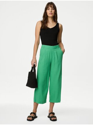 Zelené dámské zkrácené široké kalhoty s příměsí lnu Marks & Spencer   