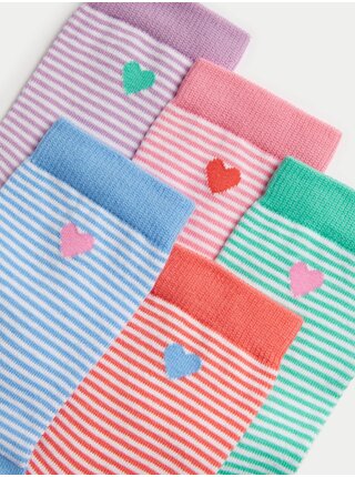 Sada pěti párů holčičích proužkovaných ponožek v zelené, růžové, fialové, červené a modré barvě Marks & Spencer 