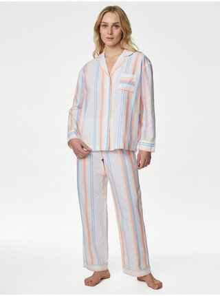 Krémová dámska Pruhovaná pyžamová súprava z čistej bavlny Marks & Spencer