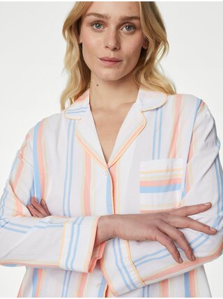Krémová dámska Pruhovaná pyžamová súprava z čistej bavlny Marks & Spencer