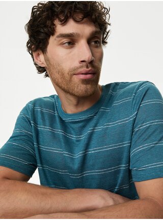 Modré pánské pruhované tričko s vysokým podílem lnu Marks & Spencer