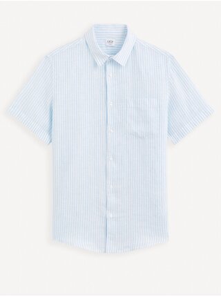 Světle modrá pánská proužkovaná lněná košile Celio Damarlin