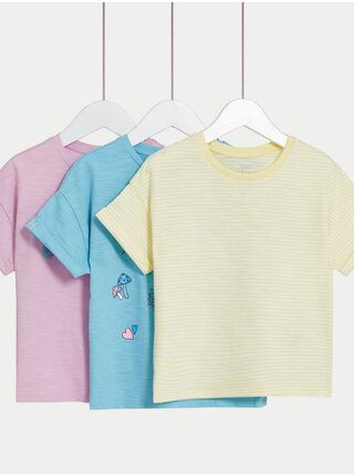 Súprava troch dievčenských tričiek v ružovej, modrej a žltej farbe Marks & Spencer