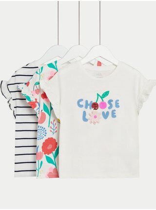 Sada tří holčičích vzorovaných triček v krémové a bílé barvě Marks & Spencer    