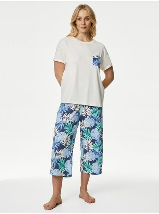 Krémovo-modré dámské vzorované pyžamo Marks & Spencer     