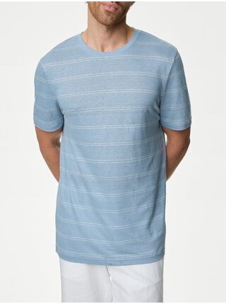 Světle modré pánské pruhované lněné tričko Marks & Spencer  