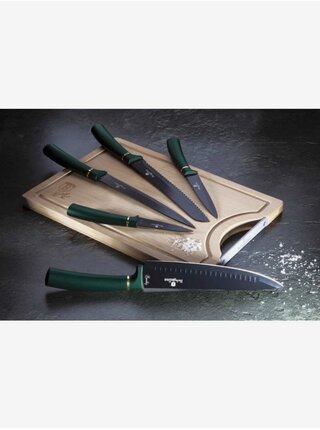 Sada pěti nožů s nepřilnavým povrchem + prkénko BERLINGERHAUS Emerald Collection 