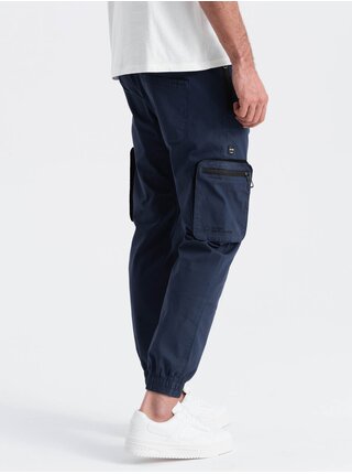 Tmavomodré pánske cargo jogger nohavice Ombre Clothing