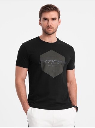 Pánské bavlněné tričko s geometrickým potiskem a logem Ombre Clothing černá