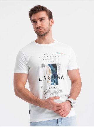 Pánské bavlněné tričko s potiskem laguny Ombre Clothing bílá