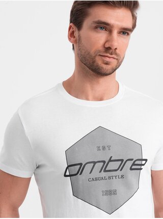 Biele pánske tričko s geometrickou potlačou Ombre Clothing