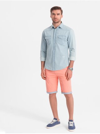 Koralové pánske chino kraťasy s džínsovým lemom Ombre Clothing