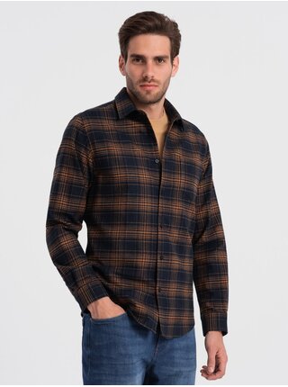 Tmavě modrá pánská kostkovaná flanelová košile Ombre Clothing